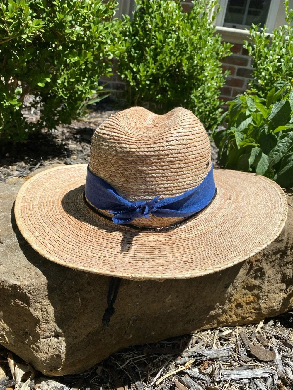 Women's Palm Leaf Straw Wide Brim Sun Hat with Blue Linen Hatband & Chinstrap